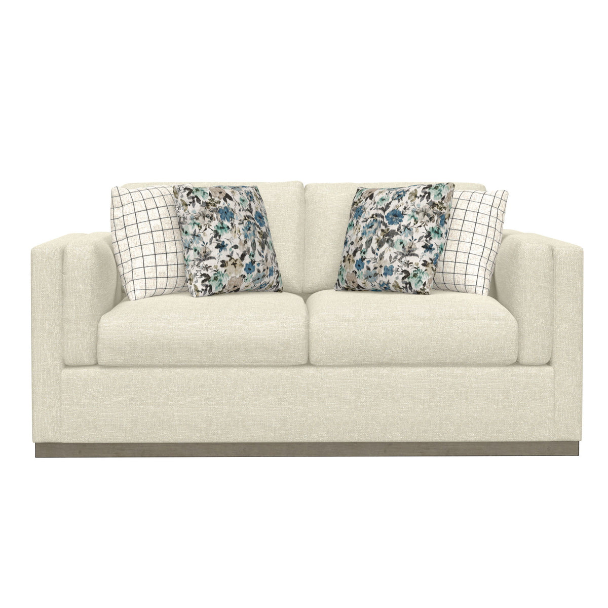 Cecily - Loveseat, With 4 Toss Pillows And Gray Solid Wood Plinth Base - Cameo Cream