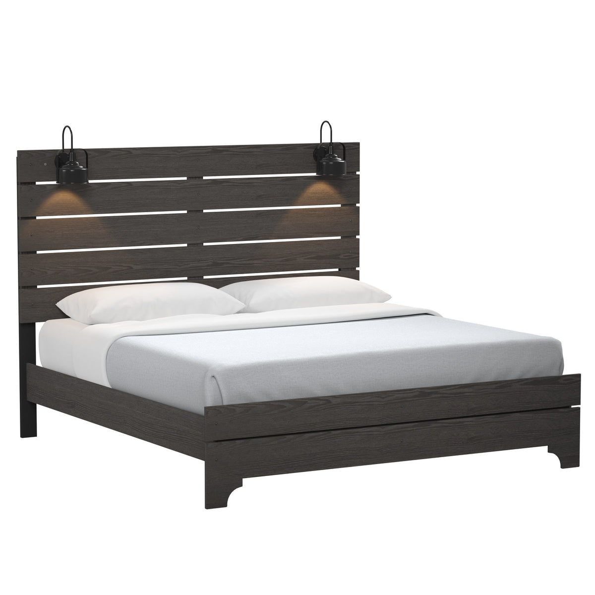 Thompson - King Bed With Lights With Rustic Planking And Faux Rivet Details - Stone Brown