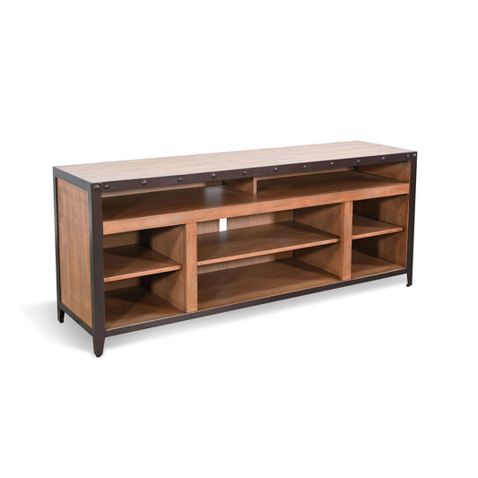Industrial TV Stand With Open Shelving And Metal Accents - Antique Brown