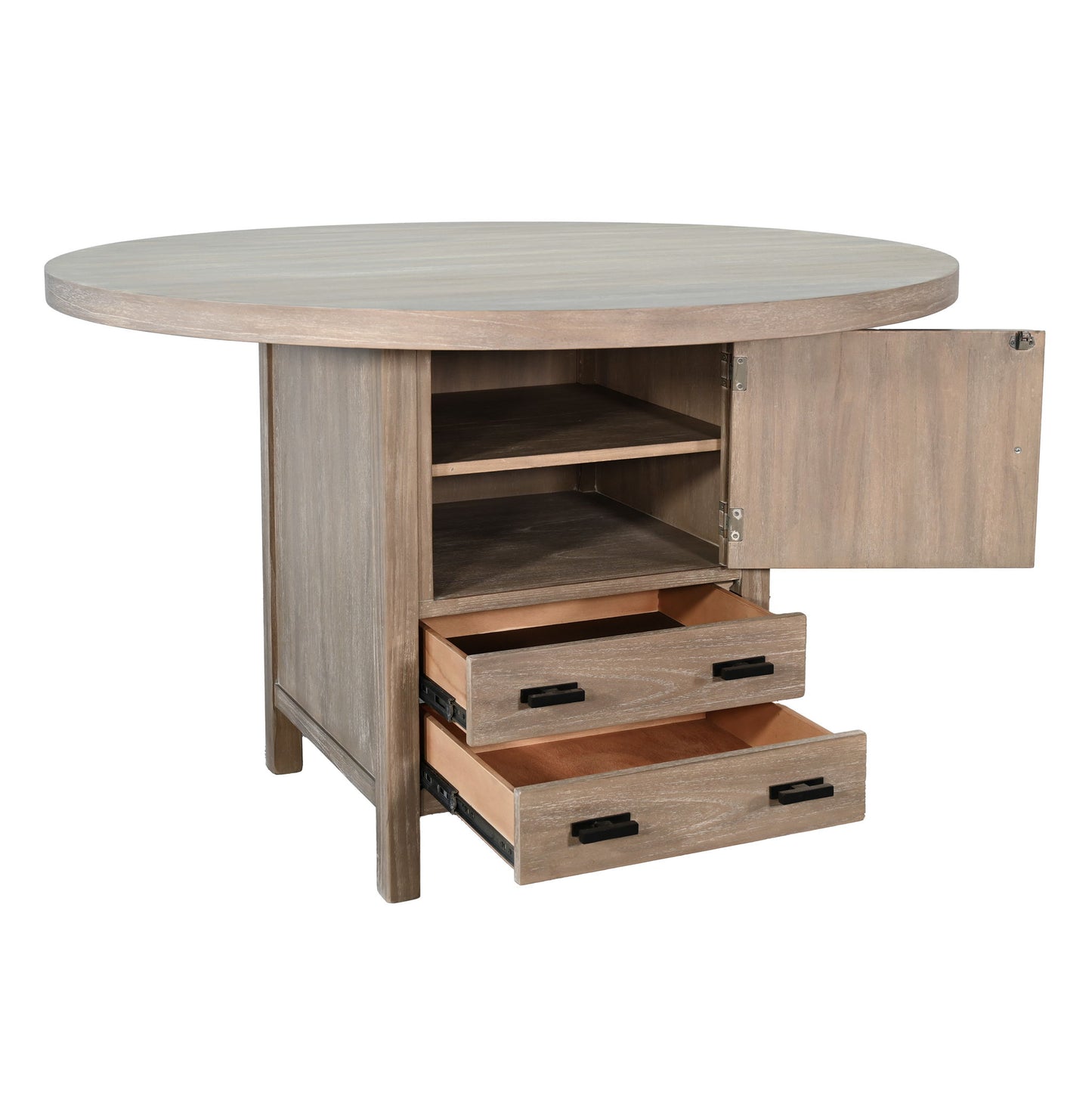 Round Dining Table With Built-in Storage Cabinet And Drawers - Wheat
