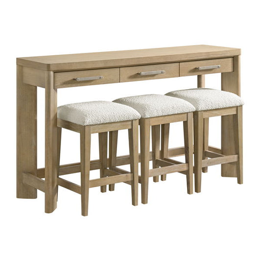 Pacific Grove - 62" Console Table With 3 Stools With Three Drawers, Oak Veneer, And Solid Wood Construction - Sand Dune