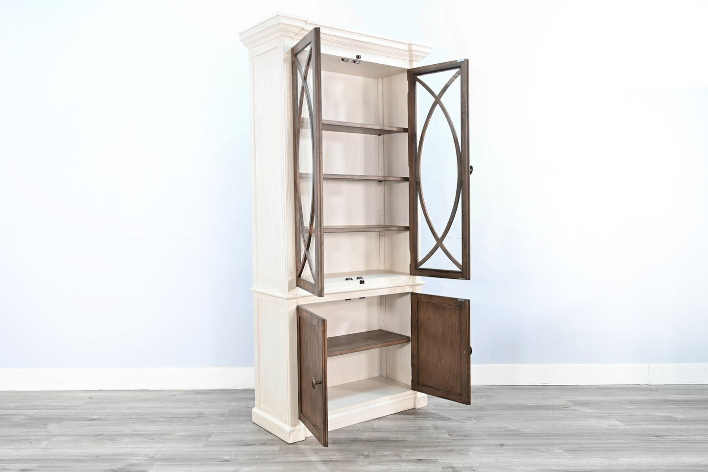 Two-Tone Display Cabinet With Glass Doors - Buckskin / Marble White