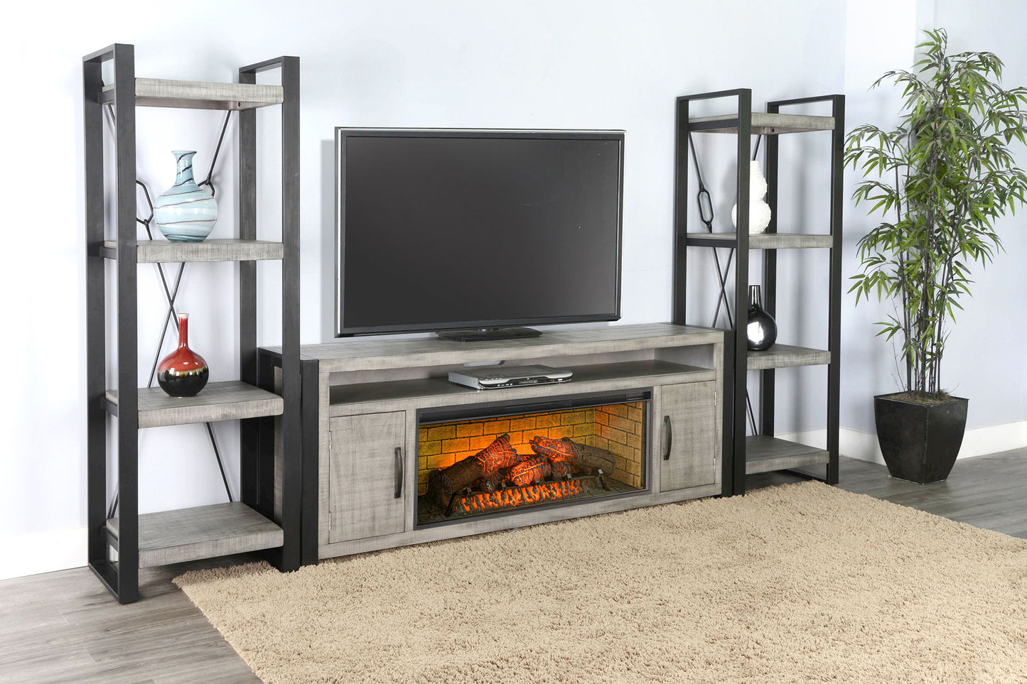 126" Media Wall With Electric Fireplace - Alpine Gray