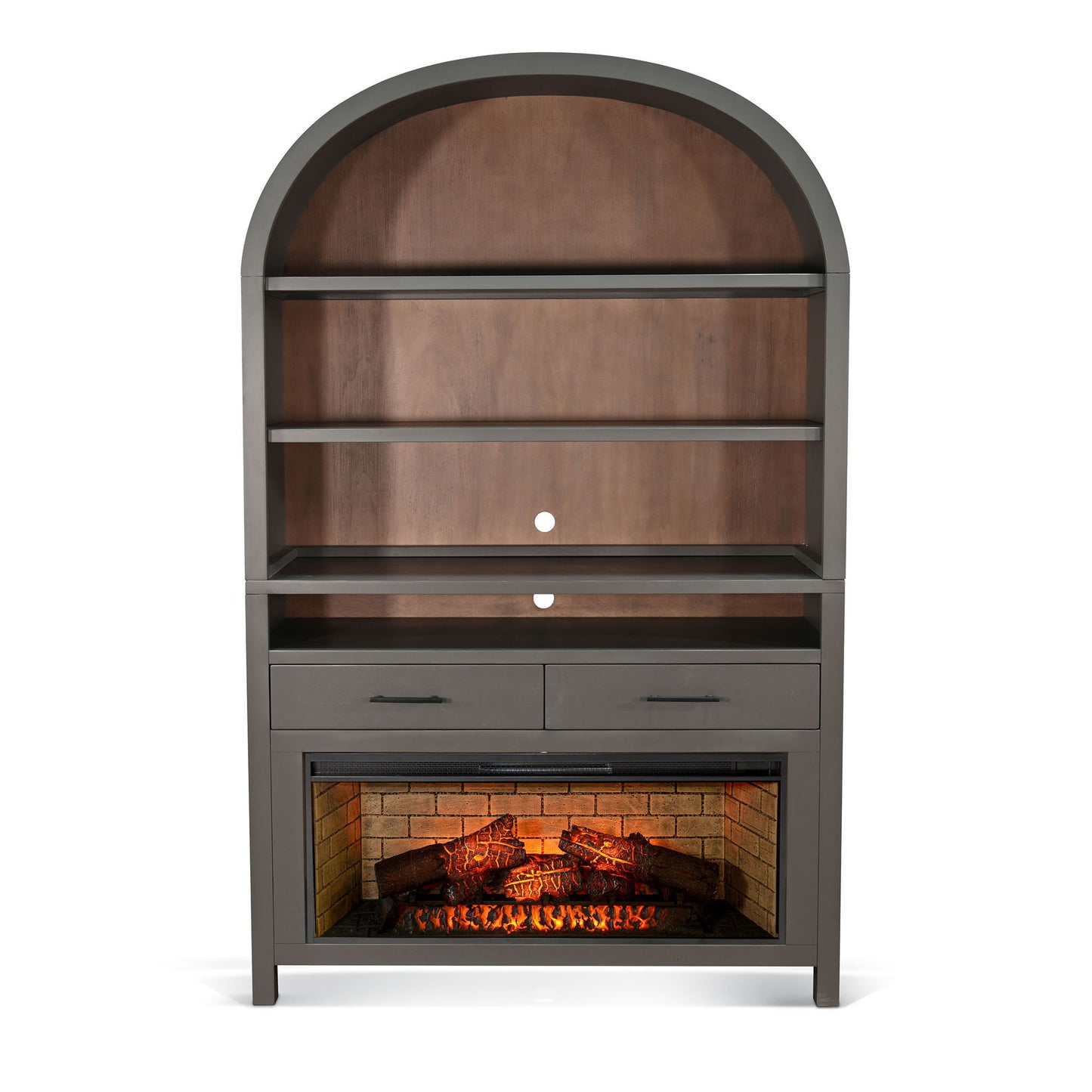 Arched Display Cabinet With Log-Style Electric Fireplace - Urban Bronze